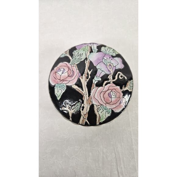 Vintage Toyo Powder Box Vintage Trinket Box Black Floral Cottage Core 4.5" - Picture 2 of 10